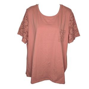 Denim & Co. 1X Dusty Rose Lace Sleeve Pocket T-Shirt Mauve Cotton Stretch Top